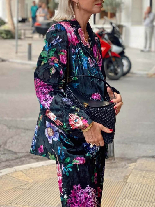 Retro Floral Print Blazer & High-Waist Wide-Leg Pants Set