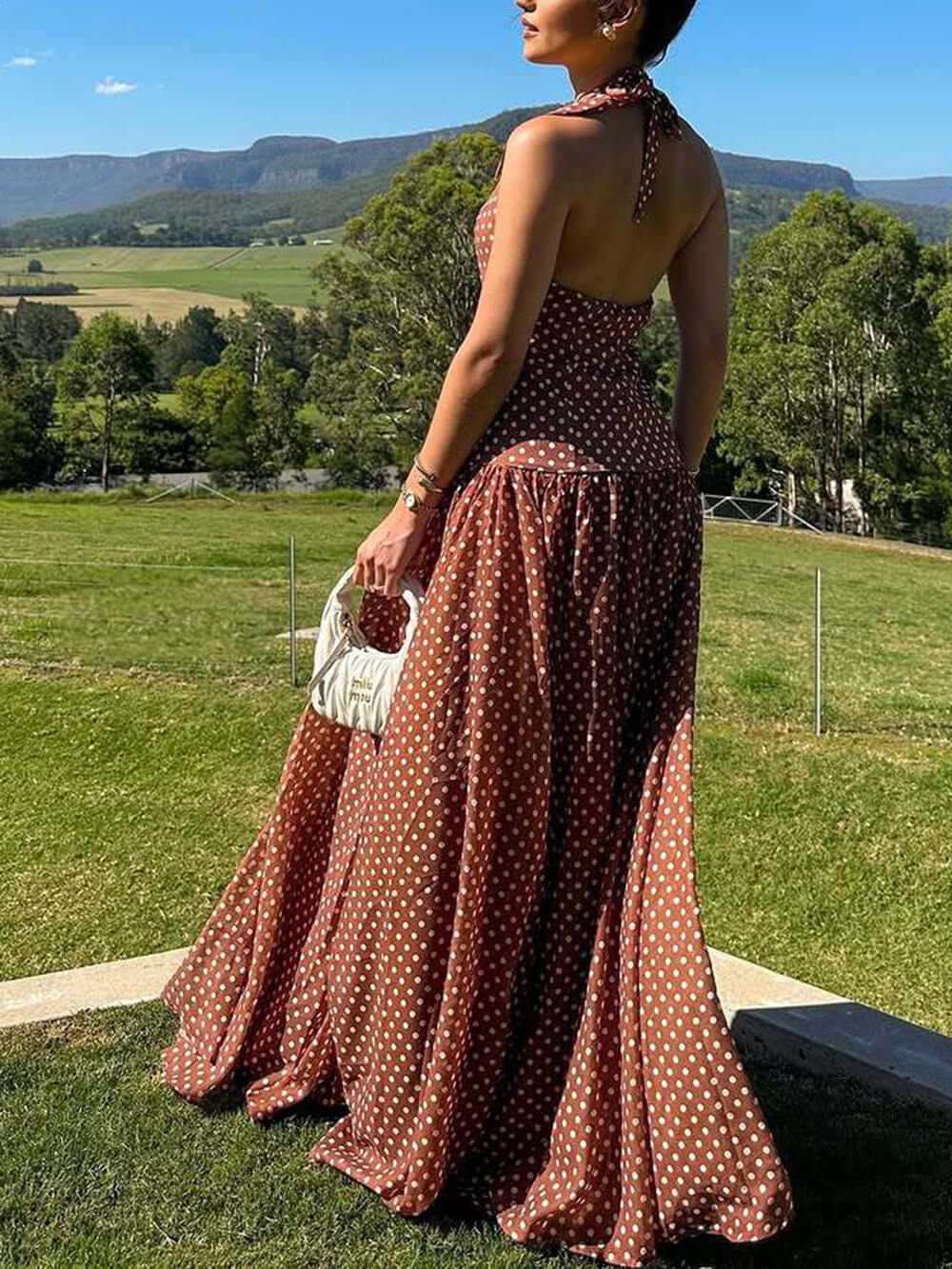 Chic Polka Dot Print V-Neck Halter Tie-Neck Maxi Dress