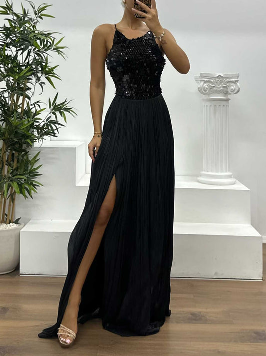 Elegant Sequined Pleated High Slit Maxi Dress