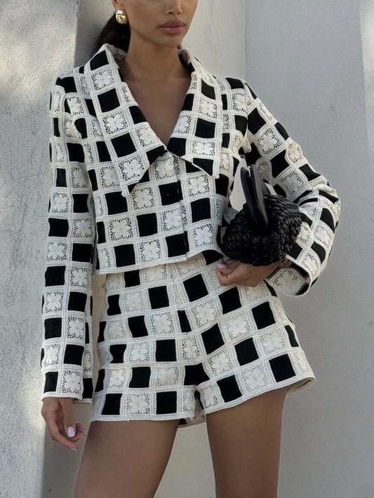 Exquisite Crochet Grid Pattern Long Sleeve Jacket