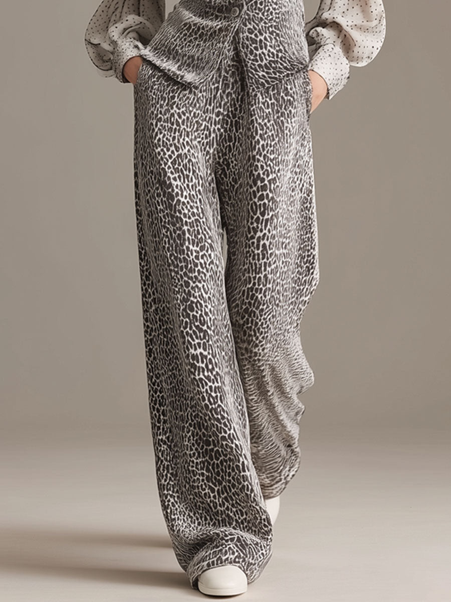 Retro Chiffon Sleeve Leopard Print Top & Wide-leg Pants Set