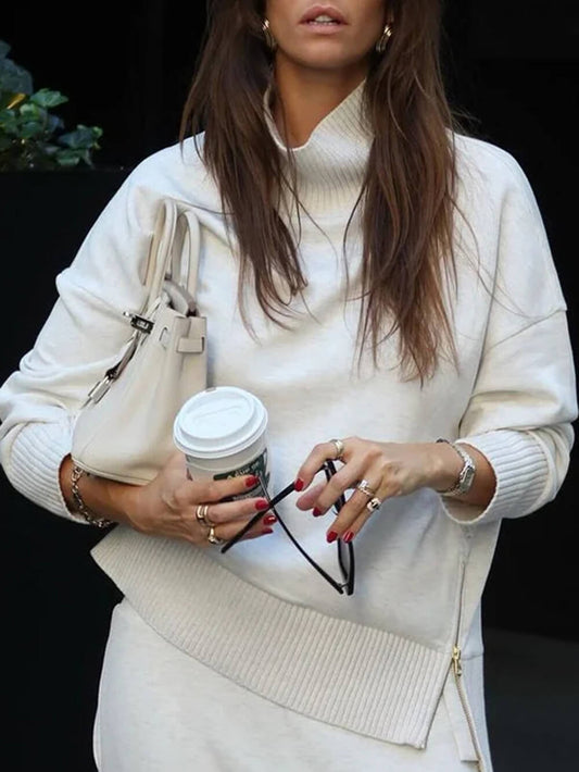 Classic Double Soft Turtleneck Side Zipper Sweatshirt and Elastic Waist Pocketed Loose Pants Set