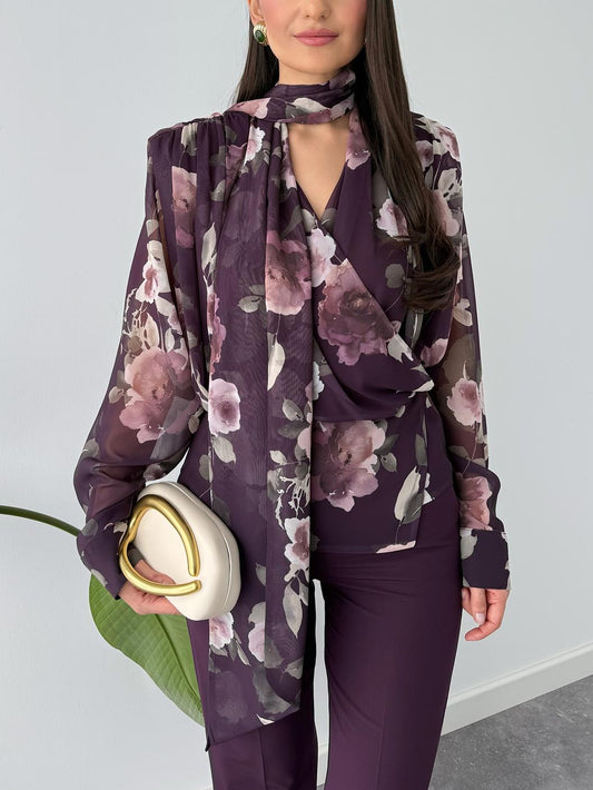 Exquisite Printed Long-sleeved Shirt Two-piece Set