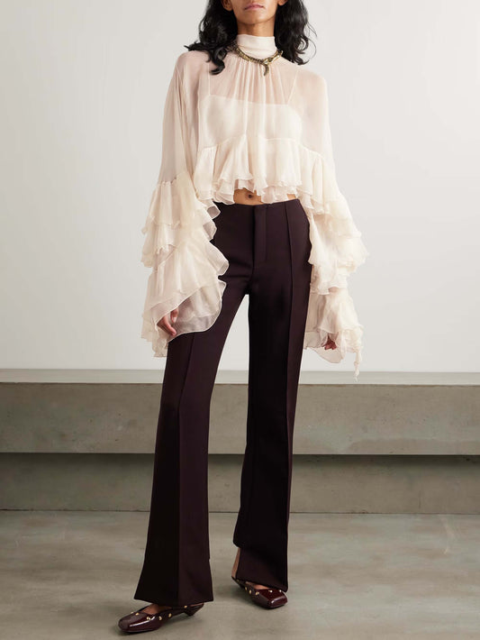 Exquisite Ruffled Chiffon Long-sleeved Short Shirt