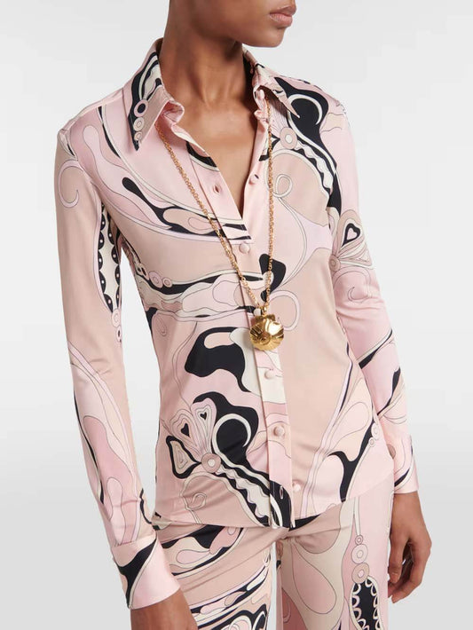 Unique Floral Print Fitted Button Shirt & Elastic Waist Straight-Leg Pants Set