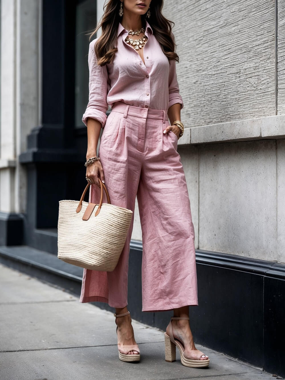 Casual Linen Long-Sleeve Loose Shirt Wide-Leg Cropped Pants Set