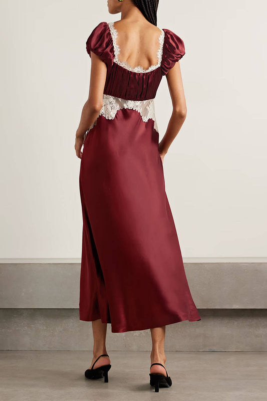 Delicate Bow Detail Lace Panel Satin Midi Dress