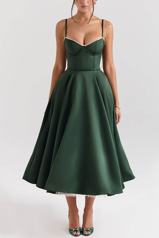 Elegant Satin Tulle Backless Midi Dress