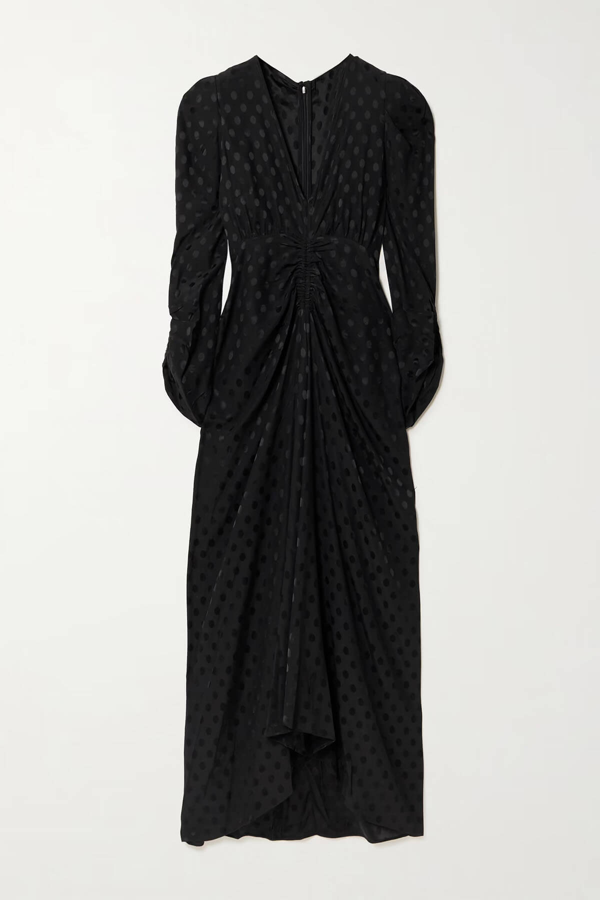 Exquisite Ruched Polka Dot Print Stretch Satin Midi Dress