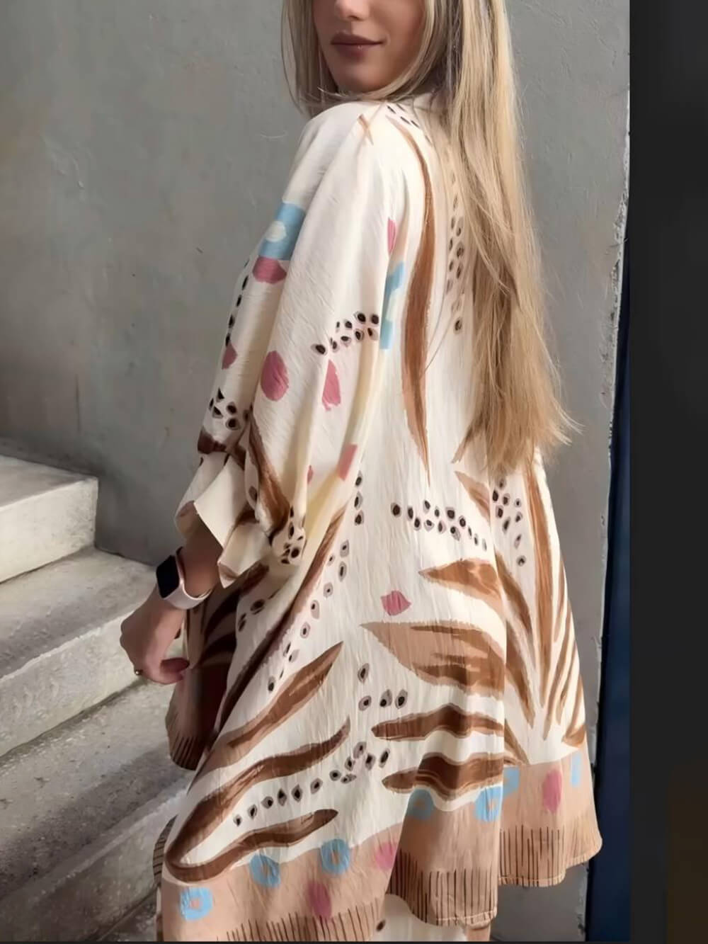 Unique Bohe Print Colorblock Drop Shoulder Sleeve Loose Fit Oversized Button Shirt