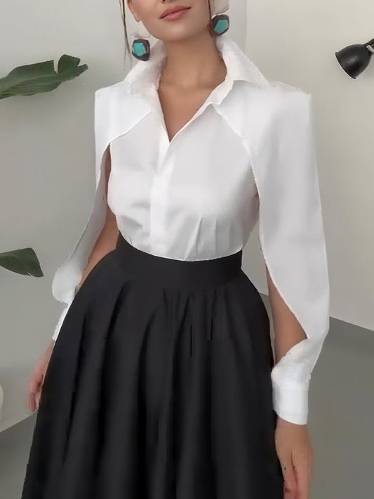 Elegant Cape-Shoulder Shirt And Asymmetrical A-Line Midi Skirt Set