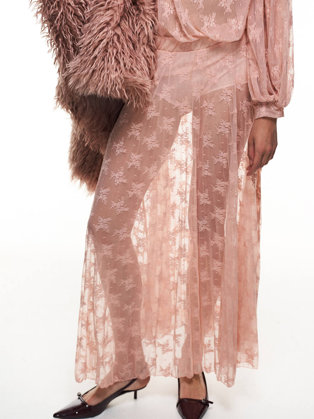 Elegant Mesh Pleated Lace High-Neck Blouse