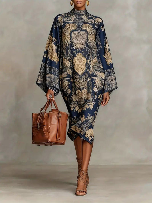 Retro Paisley Print Round Neck Flared Sleeve Midi Dress