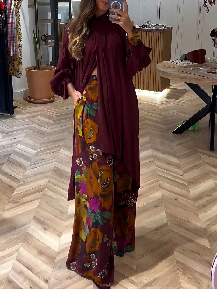 Elegant High-Neck Pleated Asymmetrical Long Blouse