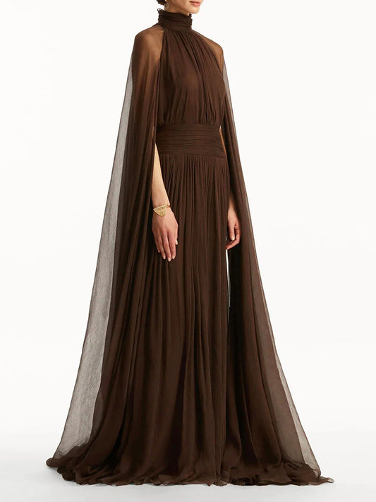 Elegant Draped Cape-style Pleated Maxi Dress