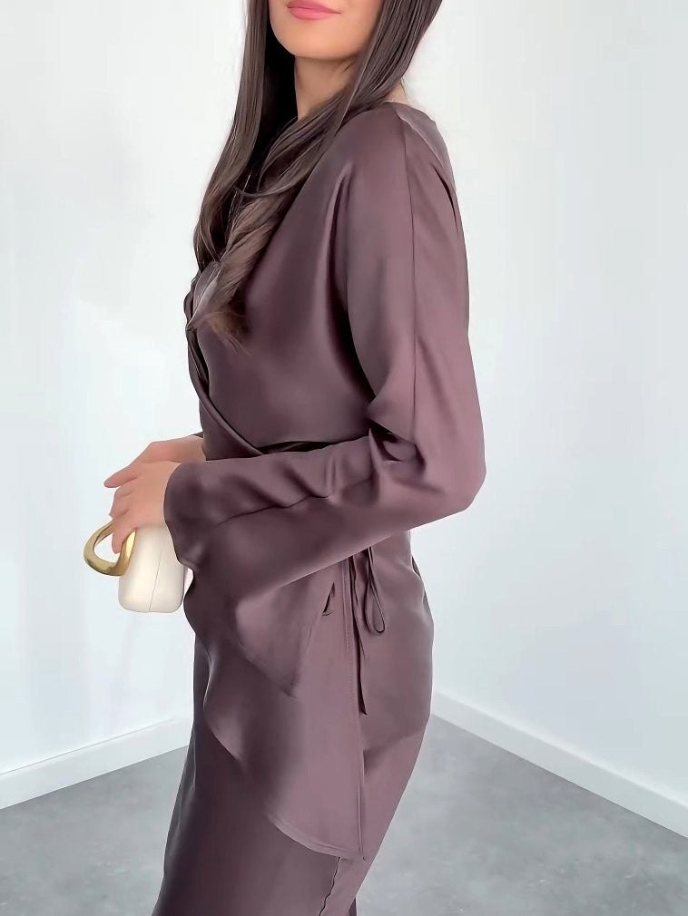 Elegant Satin Strapless Tie-front Shirt And Skirt Two-piece Set