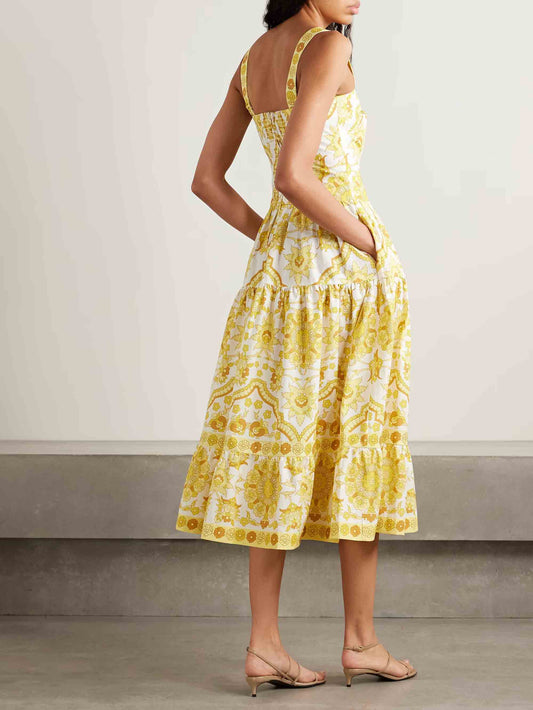 Exquisite Tile Floral Print Buttoned Midi Dress