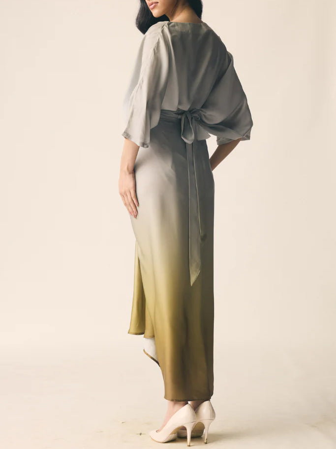Elegant Gradient Draped Top And Pleated Long Skirt Two-piece Set