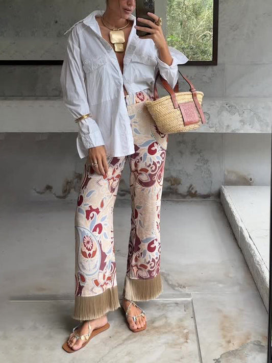 Bohemian Printed Fringe Hem Wide-Leg Pants