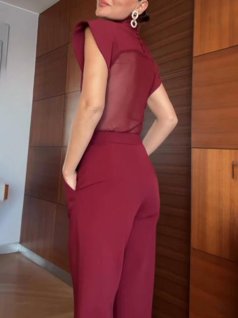 Elegant High-Neck Mesh Panel Top & Slit Pants Two-Piece Set