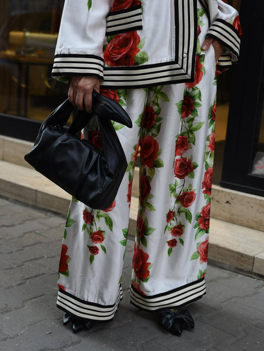 Exquisite Rose Print Ribbon-Trimmed Detail Loose Pocket Shirt