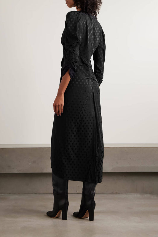 Exquisite Ruched Polka Dot Print Stretch Satin Midi Dress