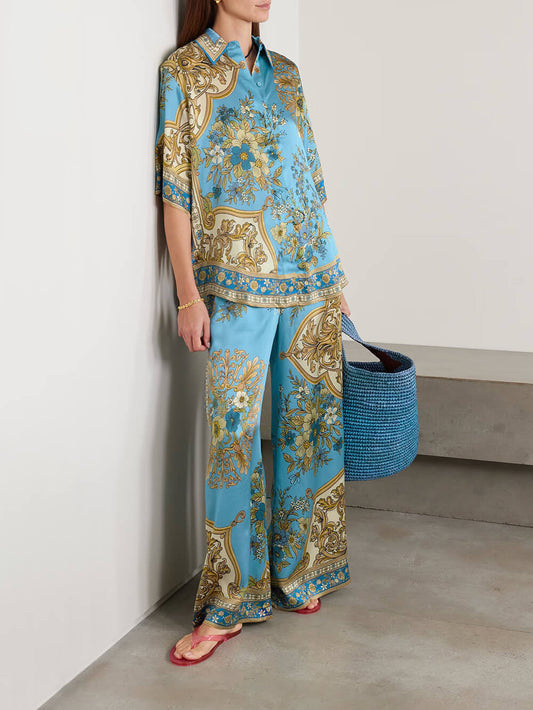 Unique Casual Floral Print Satin Loose Button-Up Shirt