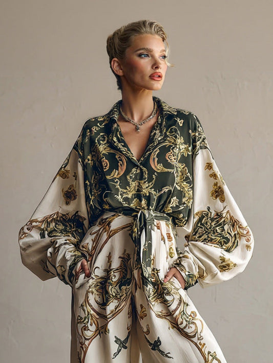 Retro Baroque Floral Print Shirt Two-Piece Set