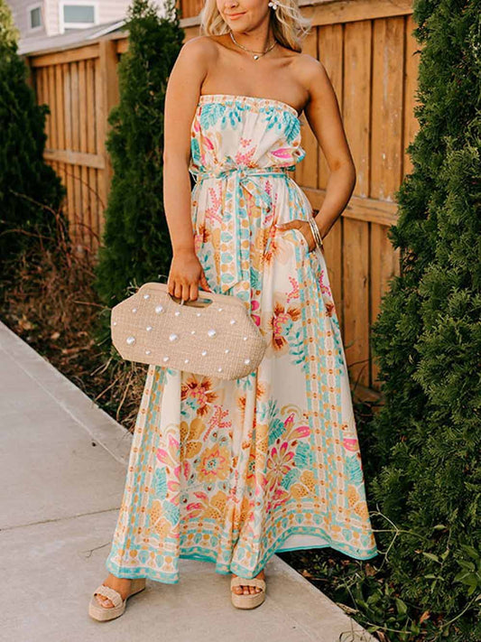 Exquisite Folk Style Printed Wrap Collar Jumpsuit