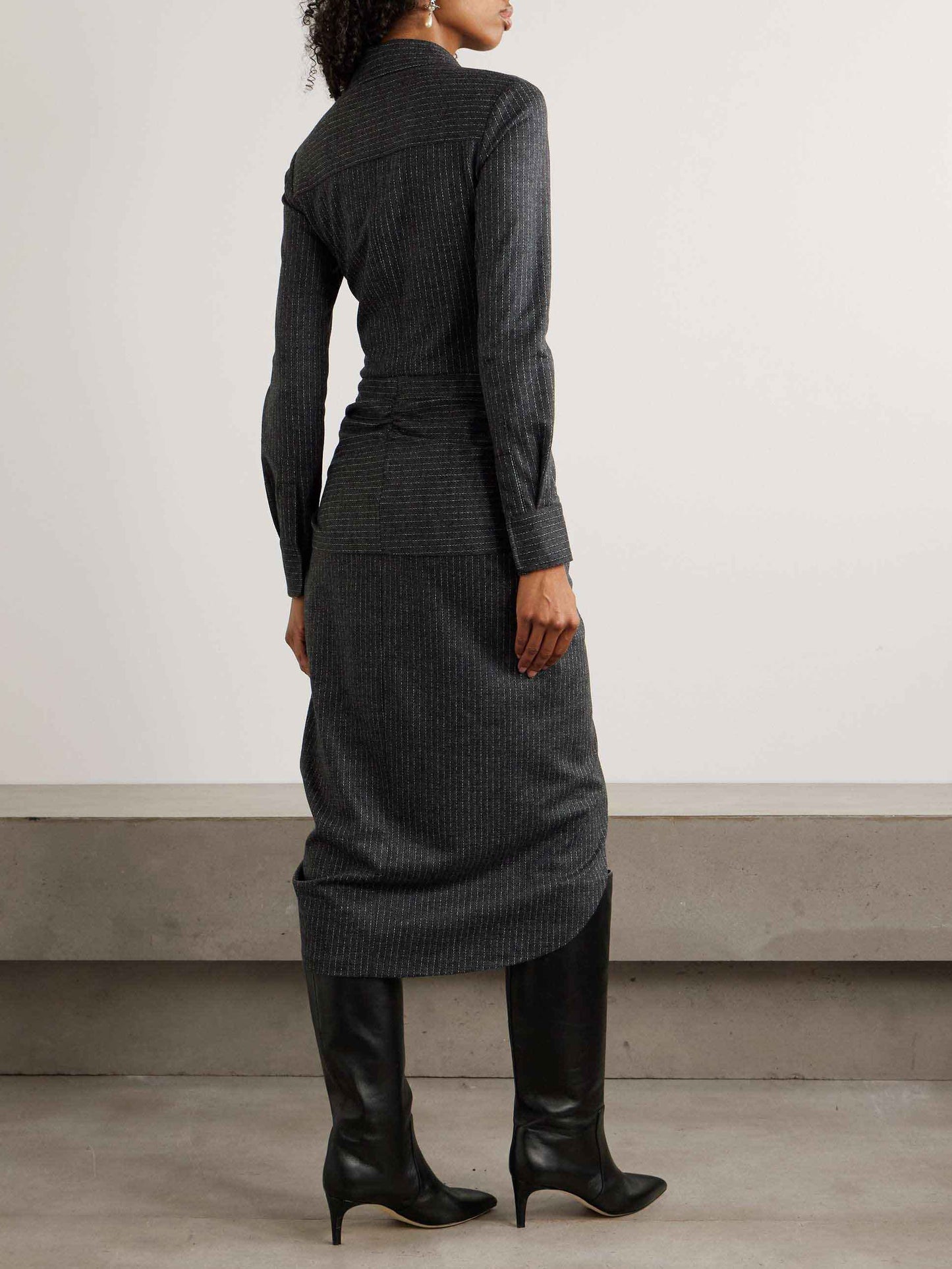 Exquisite Draped Pinstripe Wrap Midi Shirt Dress