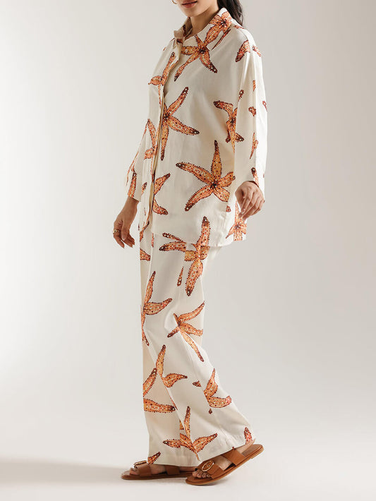 Unique Starfish Print Loose Plus-Size Button-Up Shirt