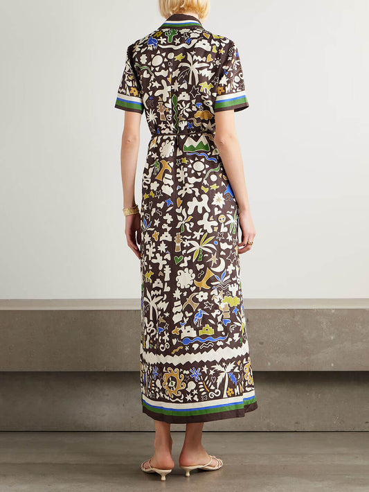 Unique Retro Moroccan Print Belted Linen Midi Dress