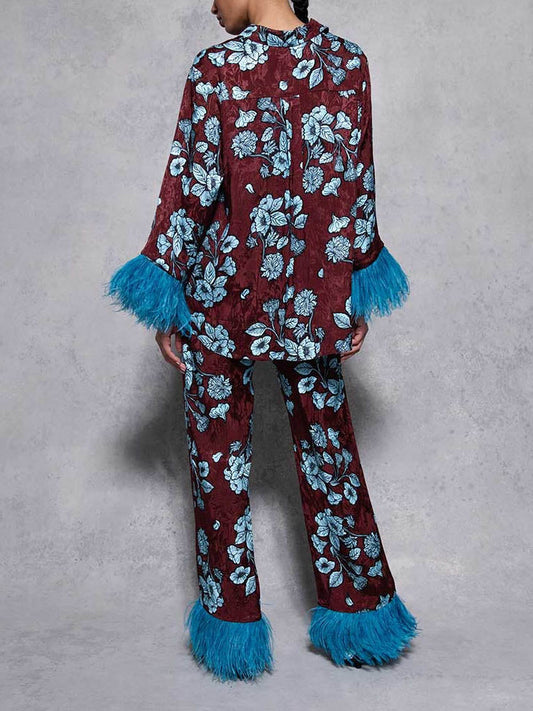 Retro Floral Print Satin Feather Long-sleeved Two-piece Suit