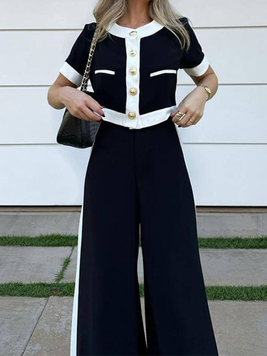 Fashionable Black And White Patchwork Short-Sleeved Top And Straight Pants Set