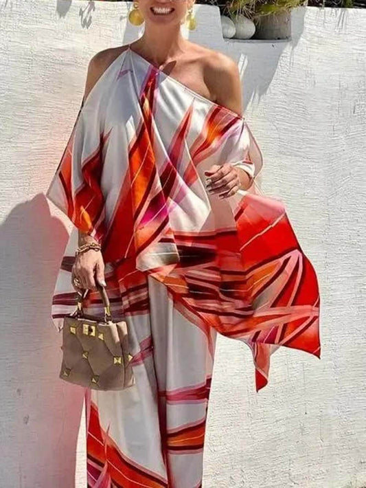 Exquisite One-Shoulder Printed Asymmetric Loose Shirt