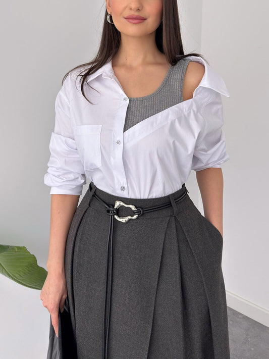 Modern Layered Shirt & High-Waisted Midi Skirt Two-Piece Set