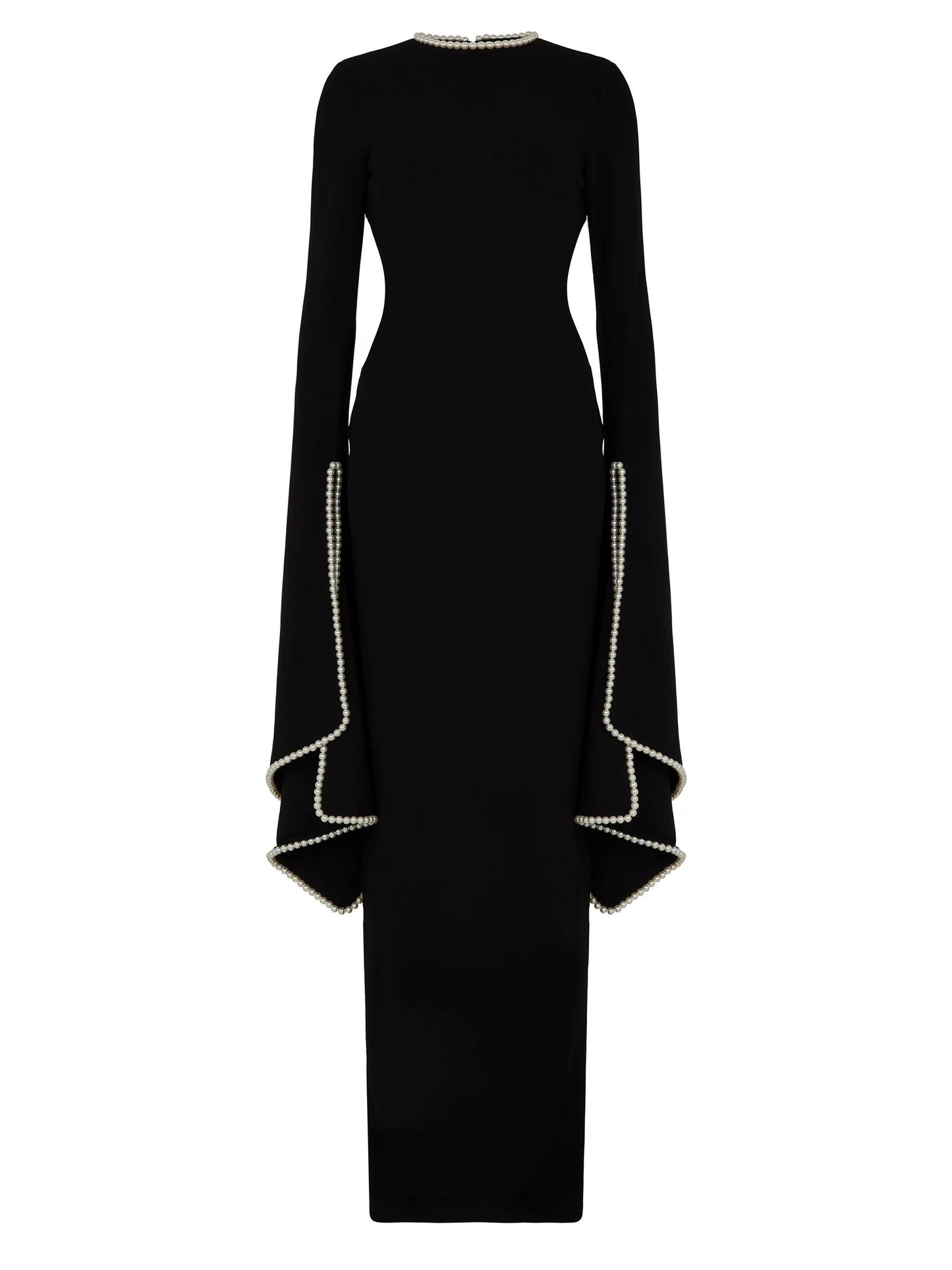 Elegant Pearl-trimmed Flared-sleeve Maxi Dress