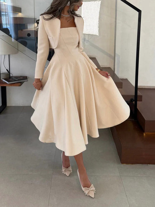 Elegant Long-sleeved Cropped Blazer And Midi Dress Set