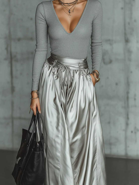 Modern Ribbed Top & Metallic Maxi Skirt Set