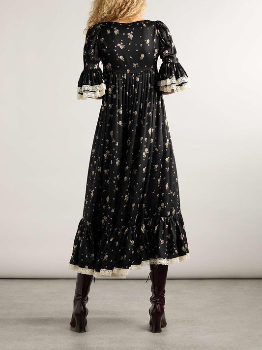 Retro Lace-Trimmed Ruffled Floral Print Midi Dress