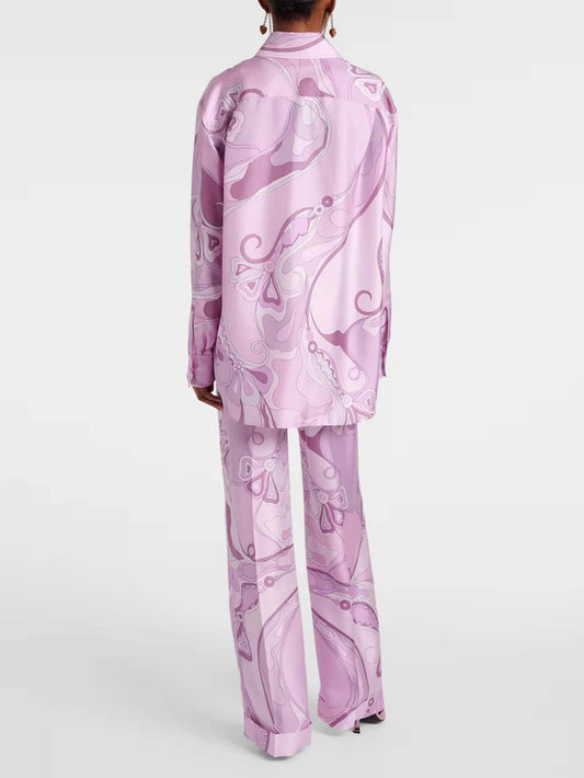 Exquisite Orchid Print Satin Twill Button Shirt & Straight-Leg Pants Set