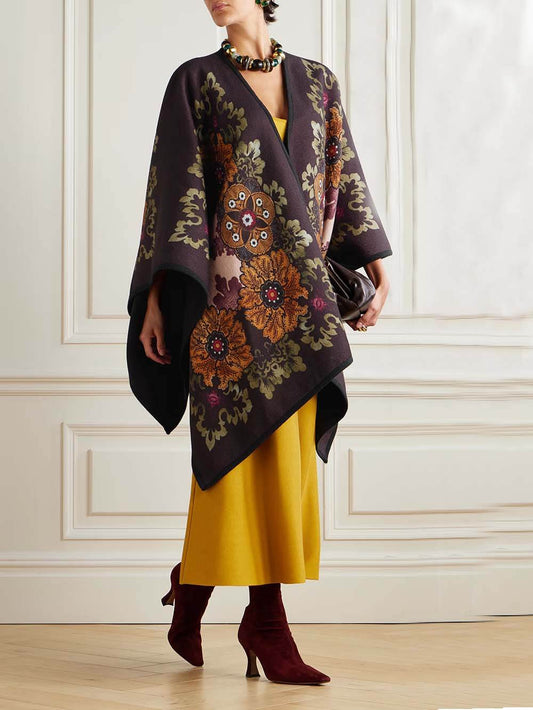 Casual Asymmetric Print Cardigan-Style Shawl Coat