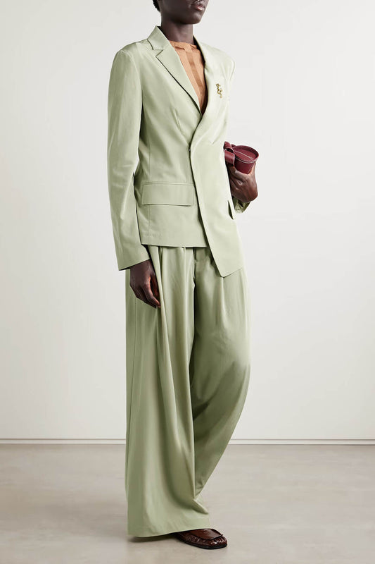 Fashion Asymmetric Crepe Blazer Pleated Pocket Wide-Leg Pants Set