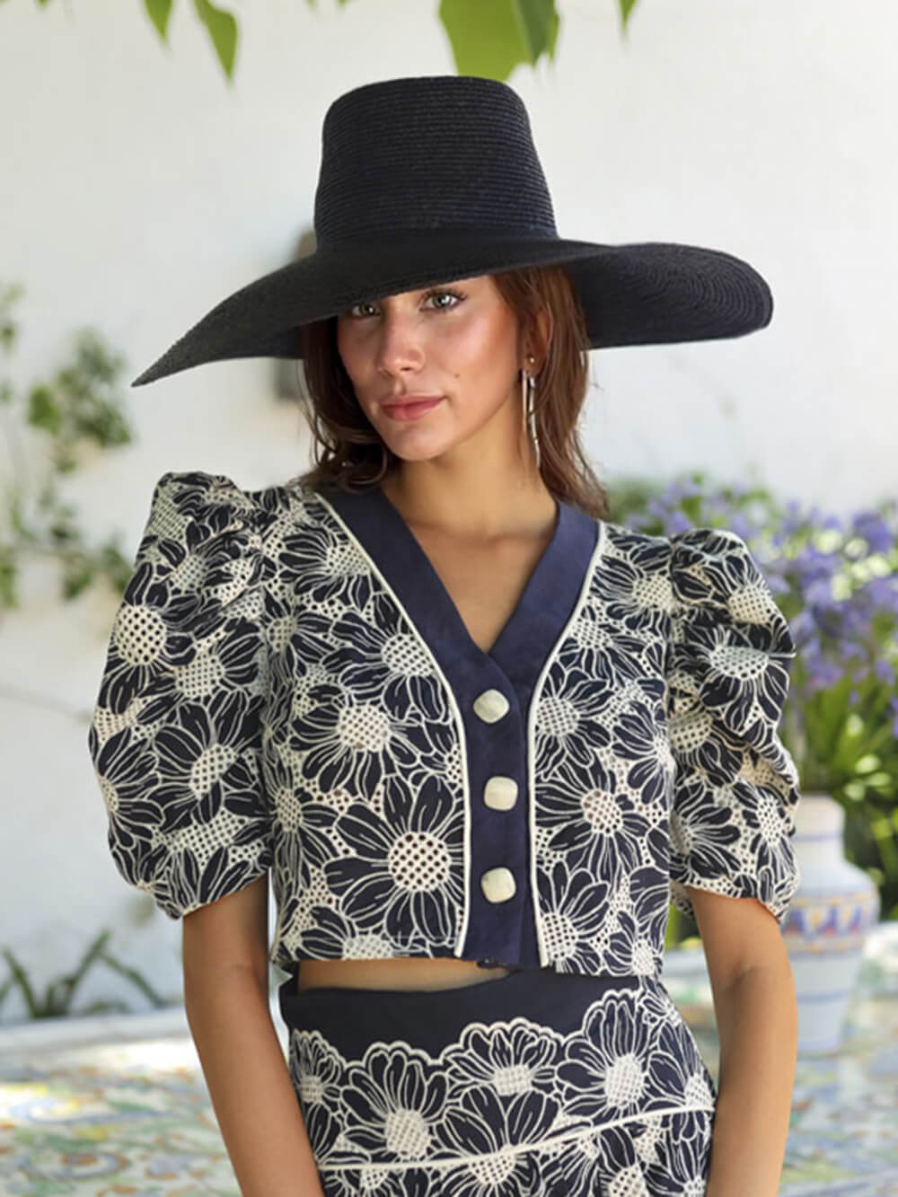 Retro Floral Print Puff Sleeve Top High-Waisted Pocket A-line Midi Skirt Set