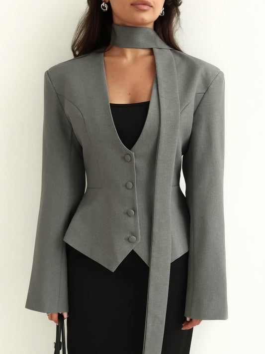 Fashion Solid Color V-Neck Scarf-Trimmed Long Sleeve Blazer