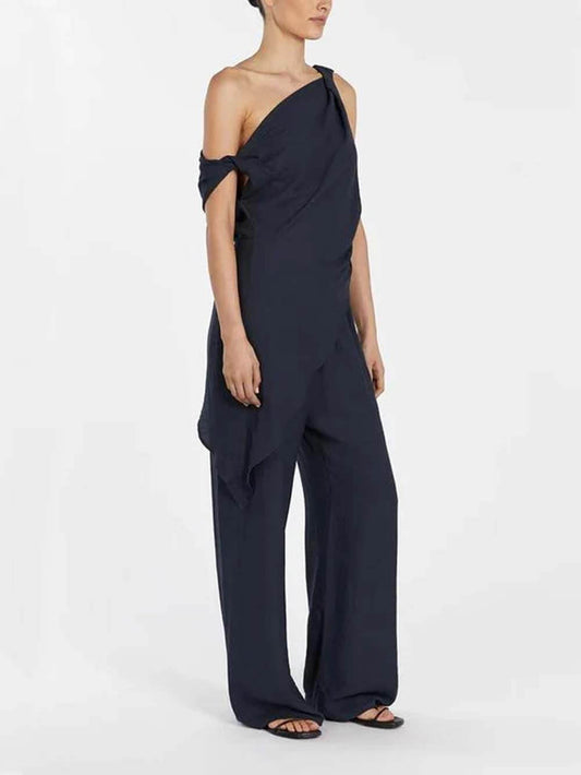 Casual Asymmetrical Twist Detailing Top Linen-Blend Pants Set