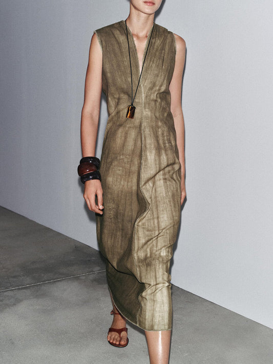 Exquisite Abstract Tie-Dye Print Linen Sleeveless Vacation Midi Dress