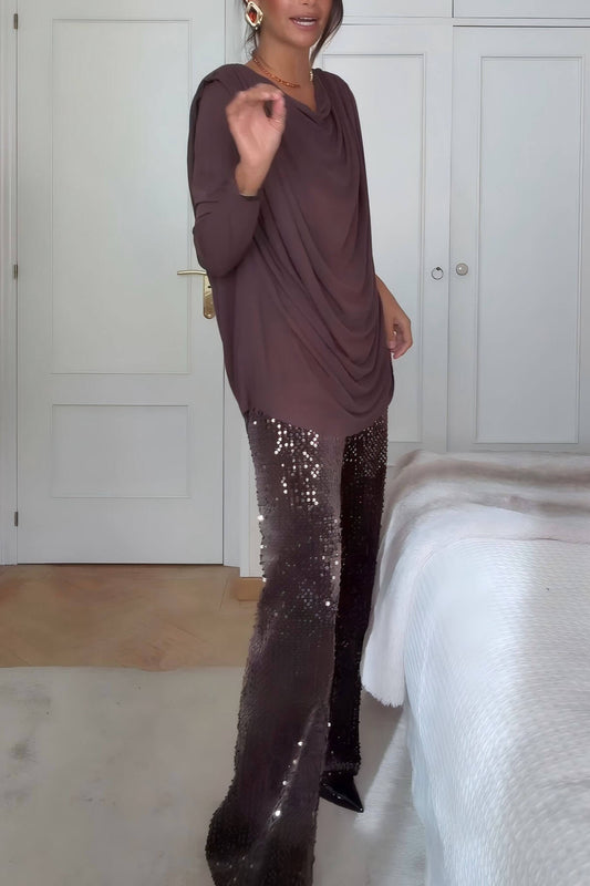 Unique Ruched Drop-Shoulder Long Sleeve Top