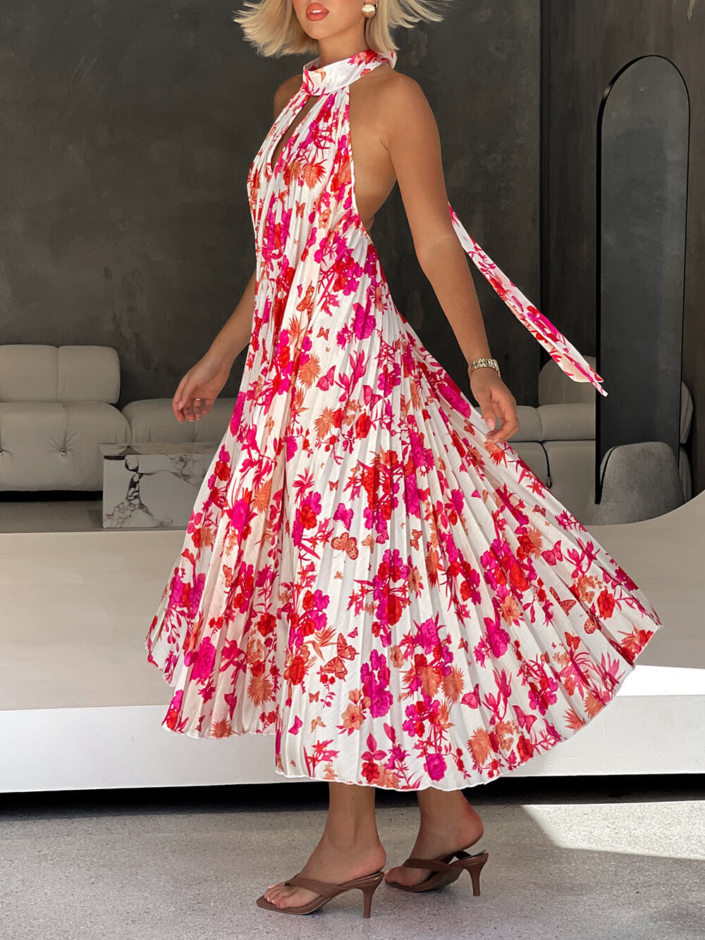 Delicate Floral Print Halter Neck Tie Hollow Pleated Midi Dress