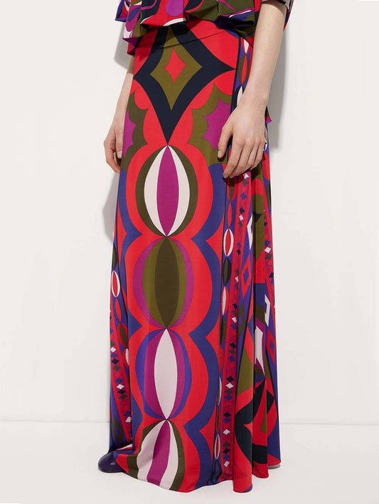 Unique Satin Rainbow Print Round-Neck Tie-Down Loose Blouse